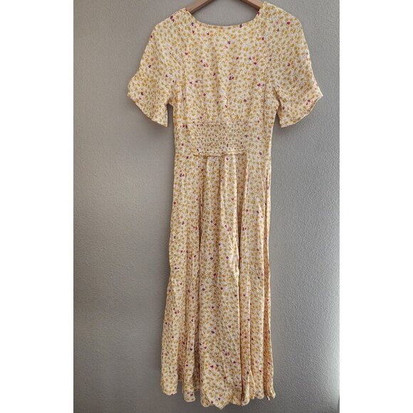 Free People Dress Womens Small Yellow Floral V Neck Smocked Waist Midi OB1078725 - Picture 8 of 10